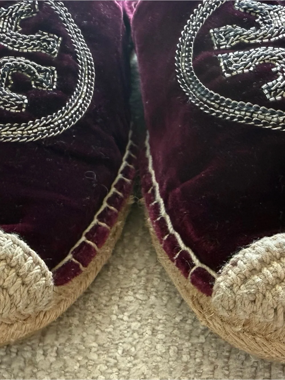 Tory Burch Burgundy Velvet Espadrilles with Embroidered Silver. Size 10.5. $396